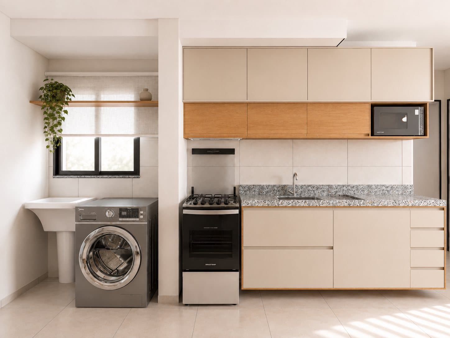 Perspectiva da cozinha com lavanderia