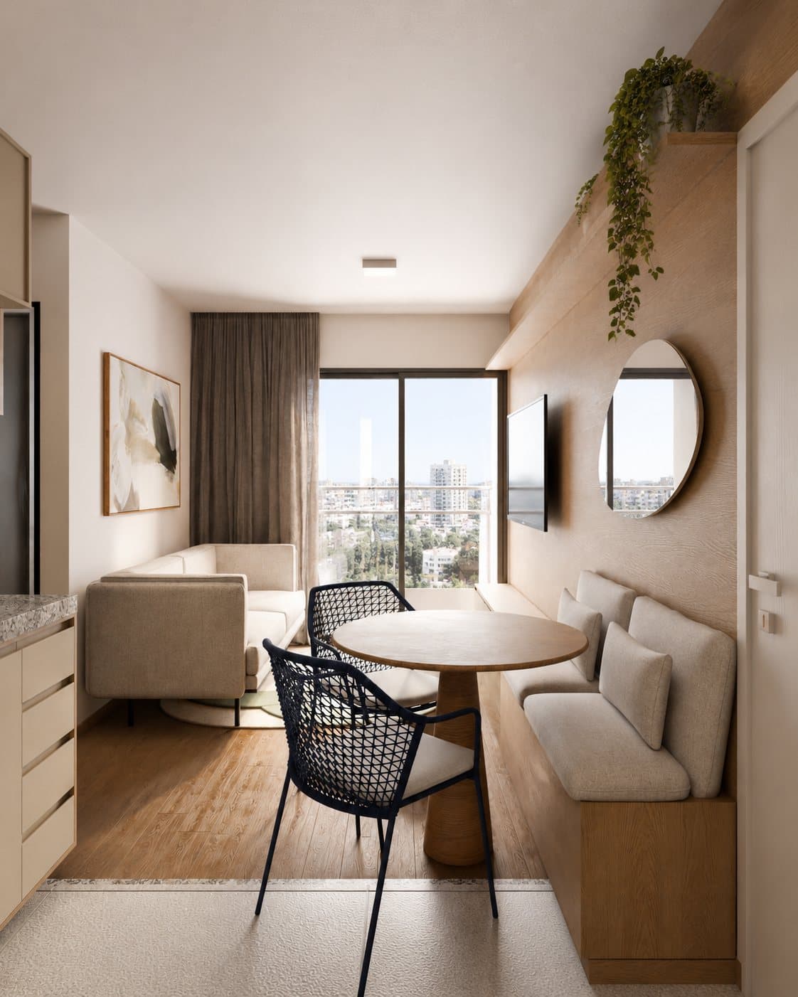 Perspectiva da sala com acesso à sacada