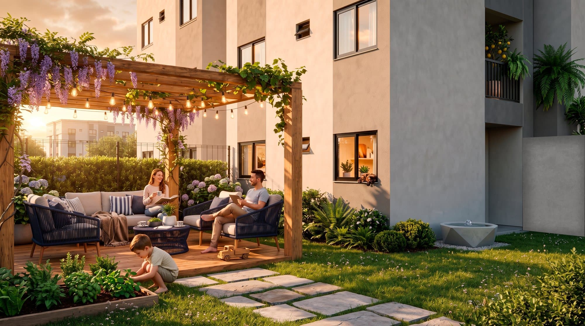 Garden com pergolado e área de estar