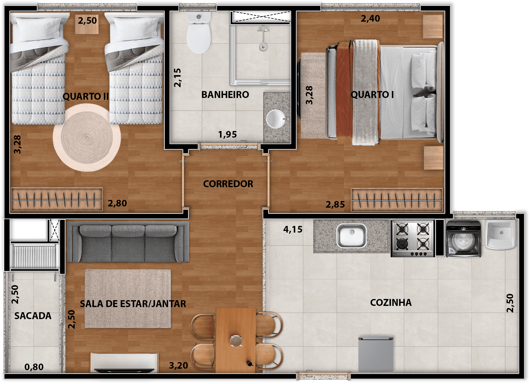 Planta humanizada do apartamento tipo, 2 dormitórios