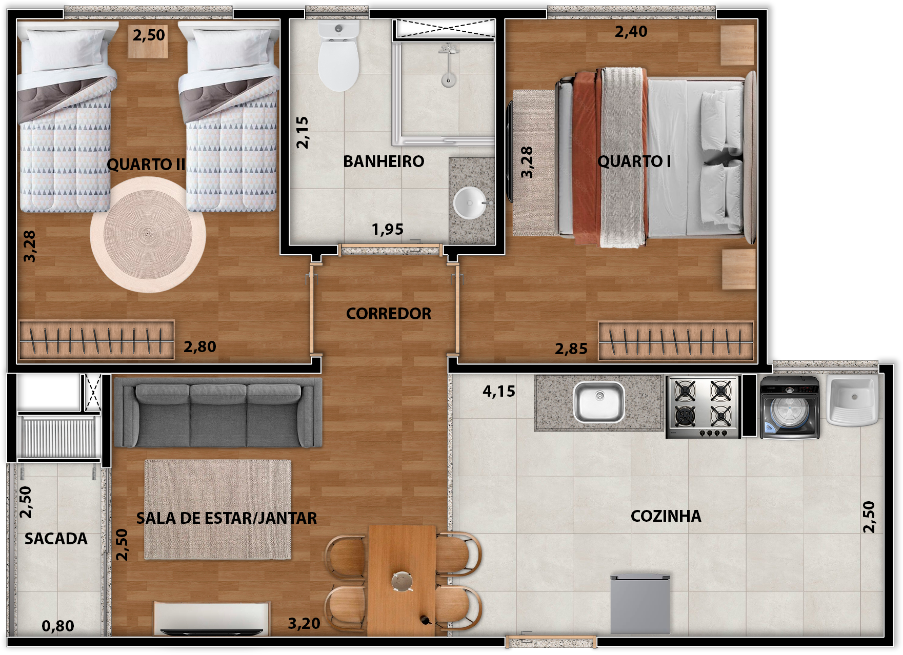 Planta humanizada do apartamento tipo, 2 dormitórios